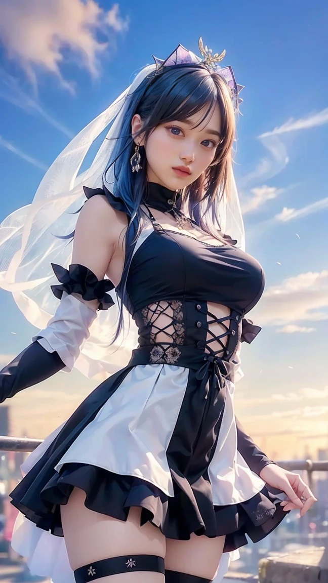 Best quality, masterpiece, big boobs, (large breasts), detailed skin texture, detailed cloth texture, detailed face, super detail, 8k, intricate detail, 1girl, blue ombre black hair, pretty lips