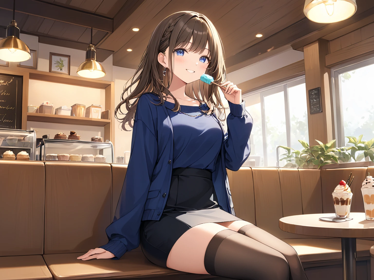Long black hair beauty，Wearing a black sweater，sit at a table in a fancy cafe（Indifferent expression 1.5）（The background is a high-end cafe：1.5），Anime Style 4k，anime rendering，Anime Style，8K Definition，（Upper body display：1.5）（Cinema Lighting：1.5）Middle-aged women 1.5，Brown Hair，Shortcuts，Messy Hair，Slender beauty，Small chest，Beautiful feet，，