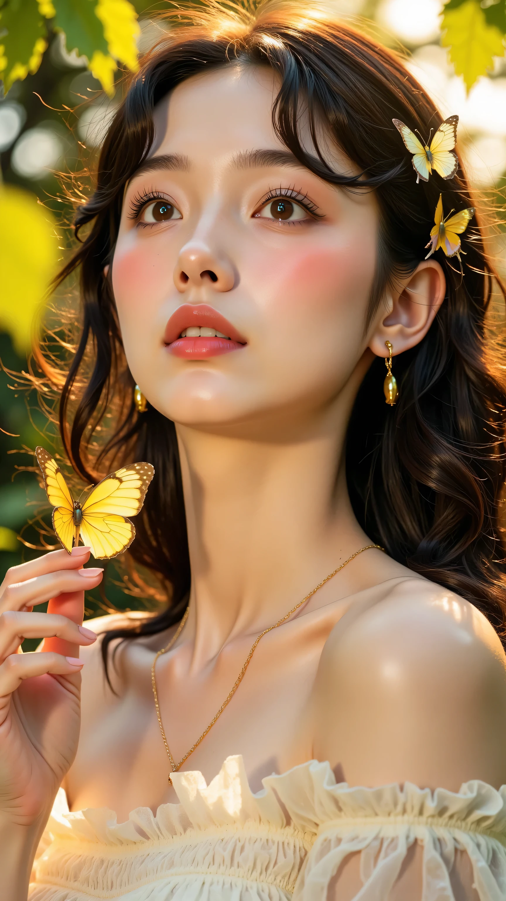 8k, Masterpiece, Top Quality, Close-up, slightly low angle viewpoint, woman, long dark wavy hair with delicate gold butterfly and leaf hair accessories, fair skin with soft lighting highlighting her features, light brown eyes, subtle pink lips, wearing a sheer white off-the-shoulder garment, holding a small yellow butterfly, looking slightly upwards with a dreamy expression, blurred background with warm, golden sunlight filtering through foliage.