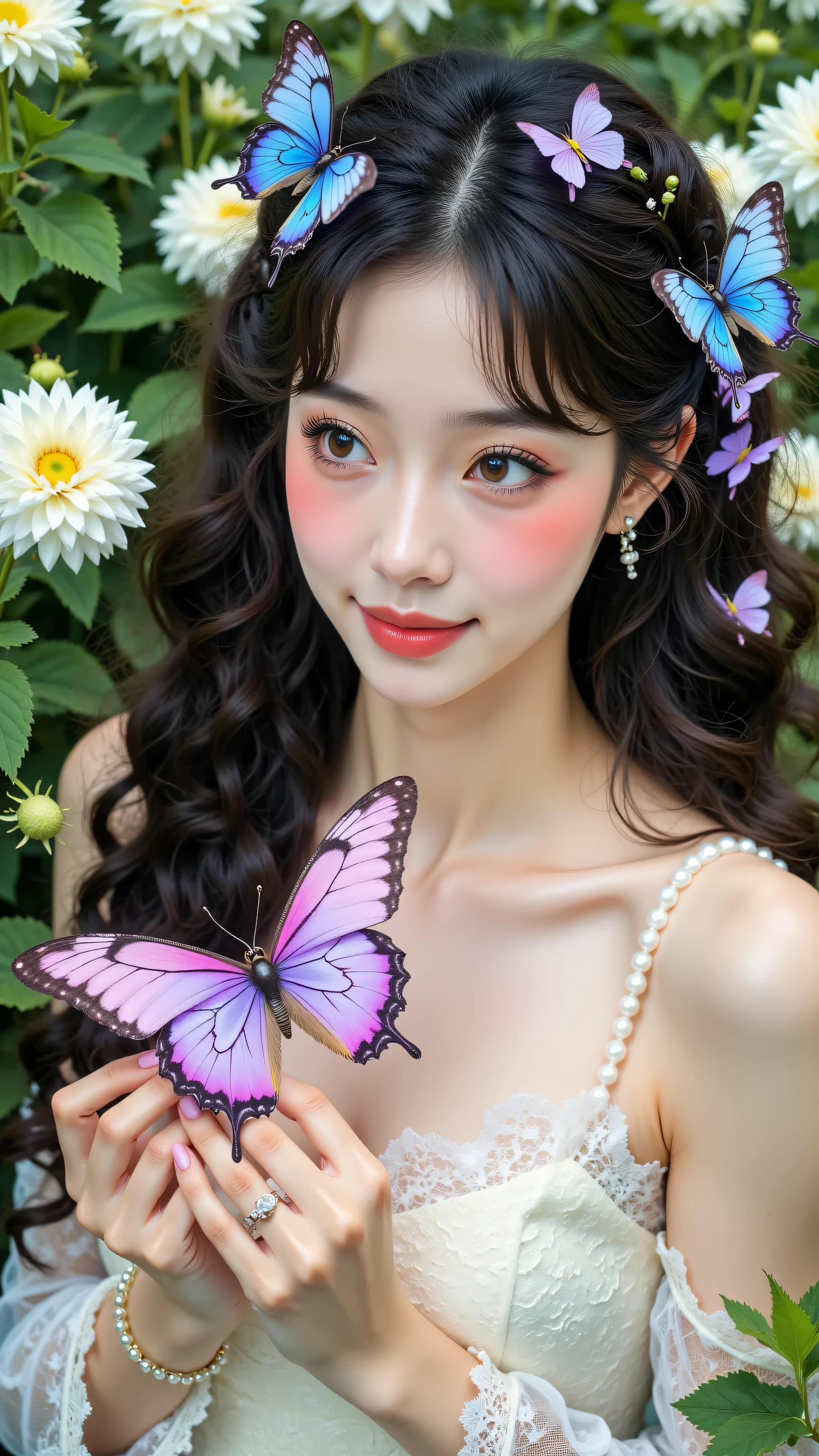 8k, Masterpiece, Top Quality, Medium shot, slightly high angle viewpoint, woman, long dark curly hair adorned with blue and purple butterflies, fair skin with rosy blush, light eyes, soft pink lips, wearing a white lace dress with pearl details, holding a large pink and purple butterfly in her hands, looking down with a gentle expression, surrounded by blurred greenery and white flowers, soft, natural lighting.