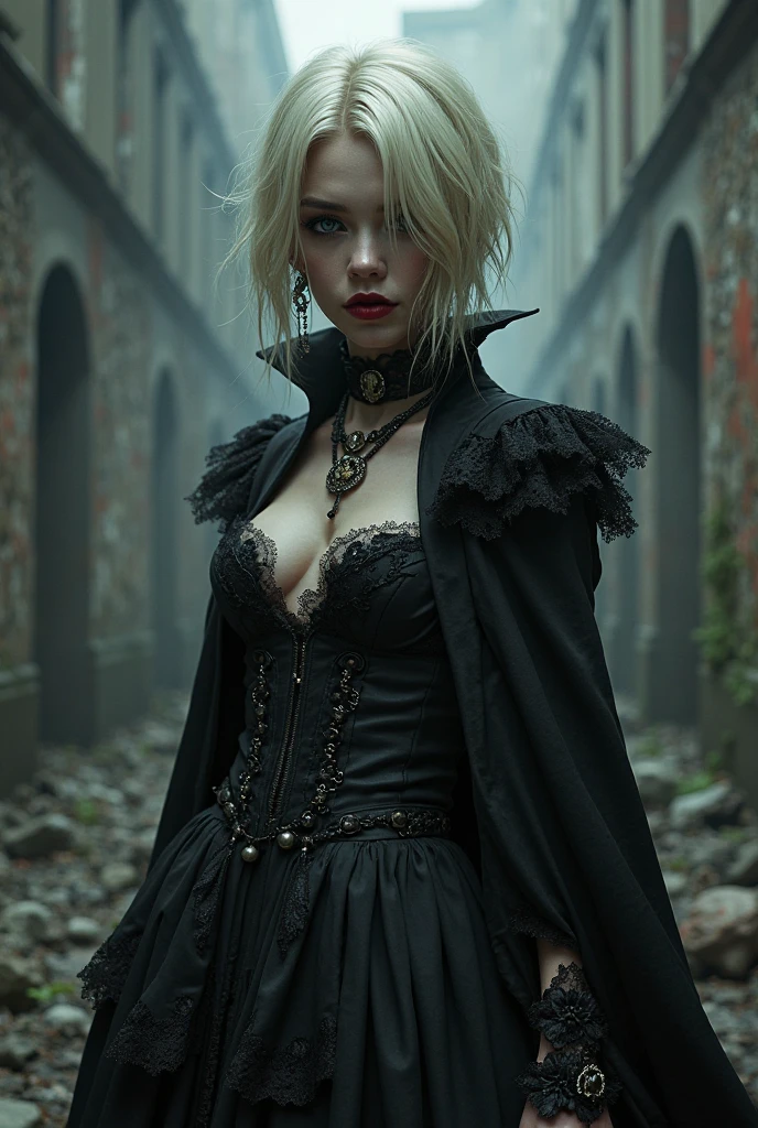 portrait shot, 1girl, vampire, fantasy, medieval, sexy, wearing a lacemask, <lora:lacemask_v2:1>, wearing a leather jacket, blonde hair, short hair, white shirt, outdoors