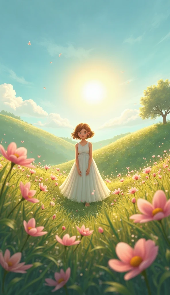 A young innocent girl, delicate features, big eyes, , soft skin,  and fragile, wearing a cute dress, standing in a flower field, natural lighting, golden hour, cinematic, warm color tone, highly detailed, photorealistic, 8k, masterpiece nuked in a sexy posy with só mucho cum