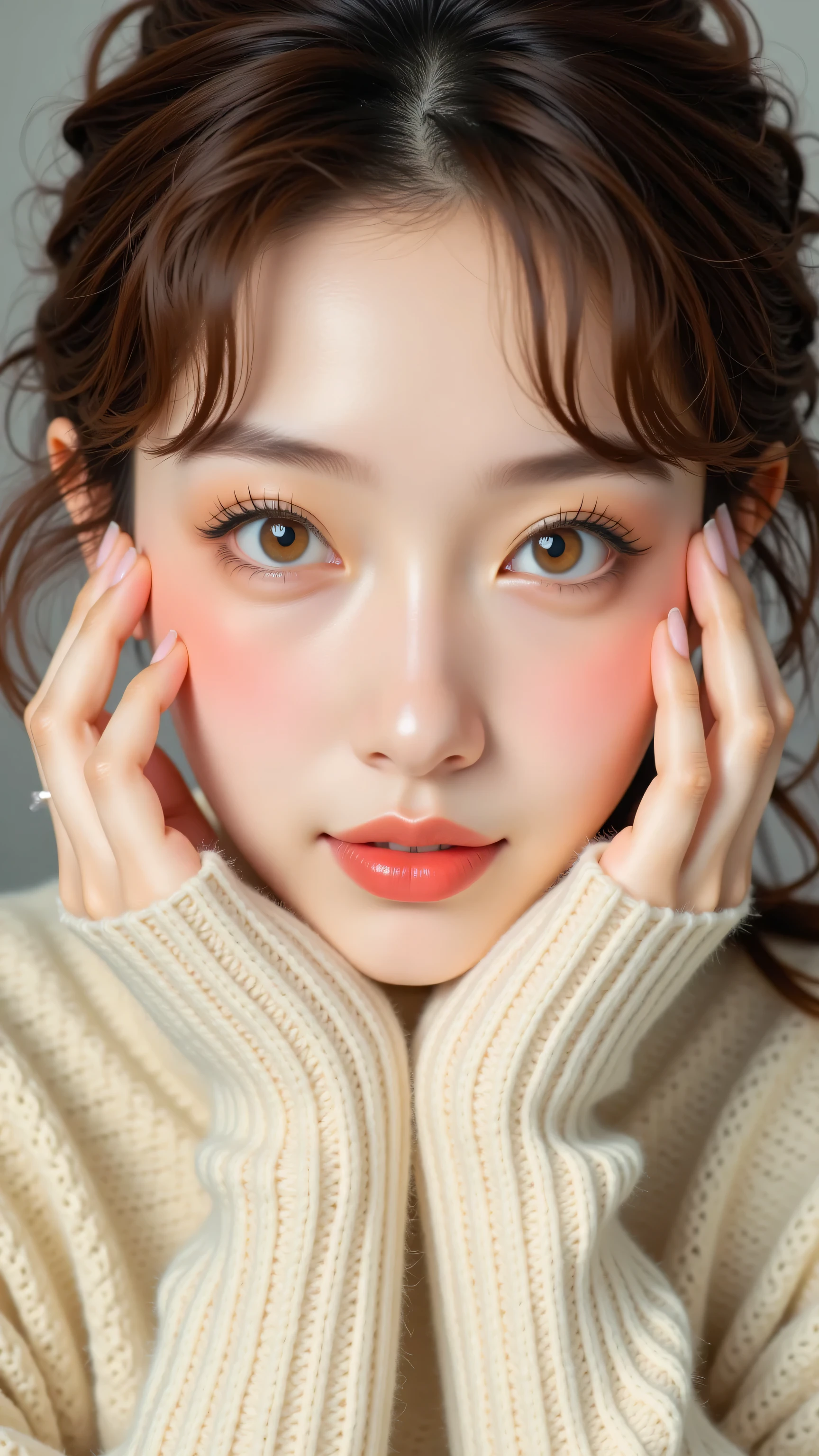 8k, Masterpiece, Top Quality, Close-up, eye-level viewpoint, woman, light brown hair styled loosely around her face, fair skin with subtle blush, light brown eyes, coral lips, wearing a cream-colored turtleneck sweater, hands gently framing her face, soft expression, soft, diffused lighting.