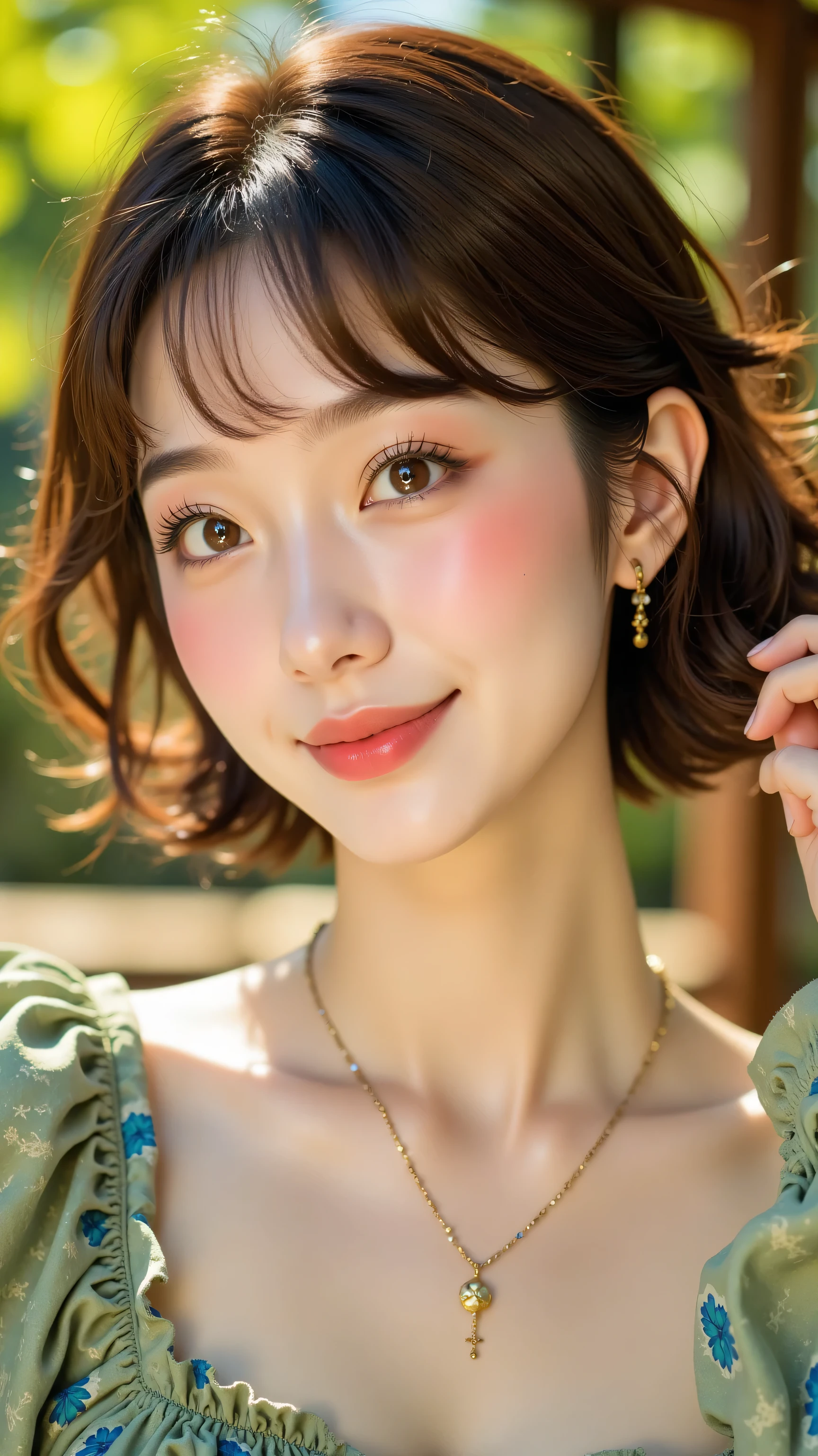 8k, Masterpiece, Top Quality, Close-up, eye-level viewpoint, woman, short brown wavy hair with bangs, fair skin, light brown eyes, soft pink lips, wearing a muted green and blue patterned top and delicate necklaces, gentle expression, blurred natural background with green and brown tones, warm, soft sunlight.
