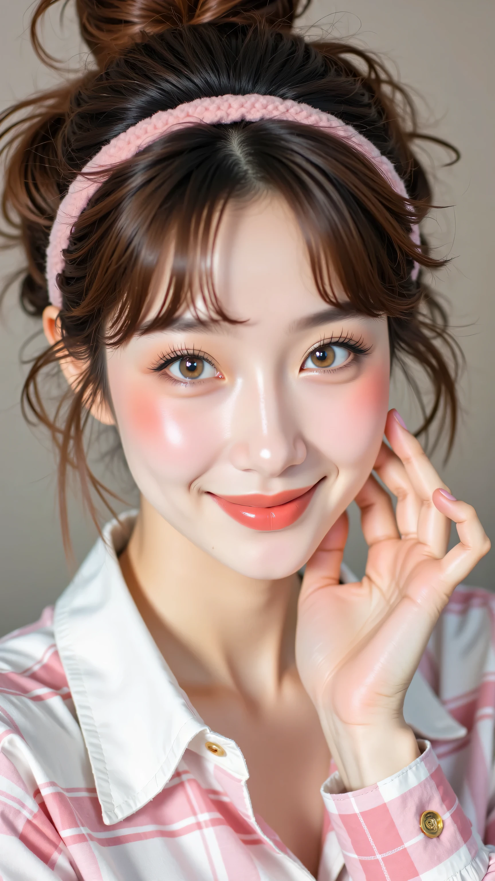 8k, Masterpiece, Top Quality, Close-up, eye-level viewpoint, woman, brown hair styled in a messy bun with loose strands and a pink headband, fair skin with prominent rosy blush, light grey eyes, coral lipstick, wearing a white collared shirt with a pink and white plaid pattern underneath, one hand slightly raised near her hair, soft smile, soft, diffused lighting.