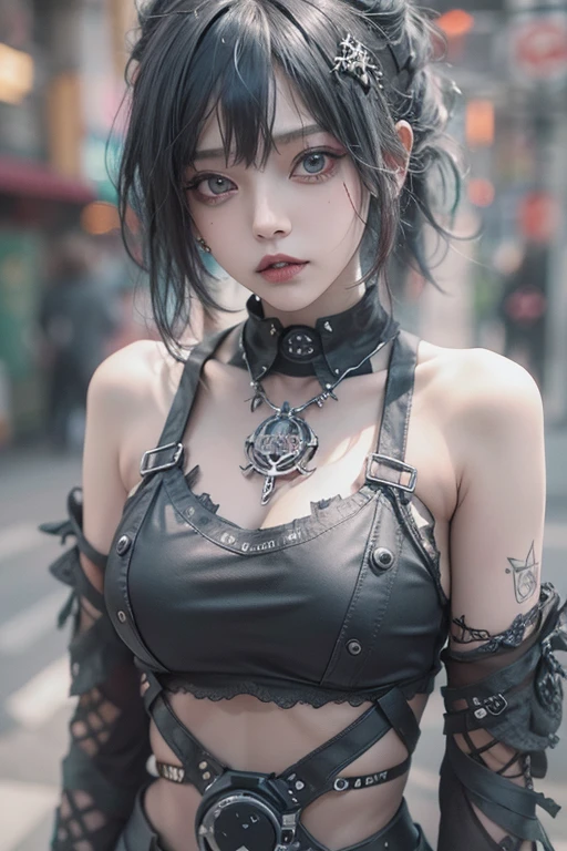 Beautiful Gothic Lolita Girl, Silky black hair in braids, blue eyes, Thin lips, Round face, Small and flat chest, 18 year old lolita, Relax in gothic style clothing，(((He has many tattoos all over his body)), (((Tight waist))), ((Big Breasts)),((See through))，panties，