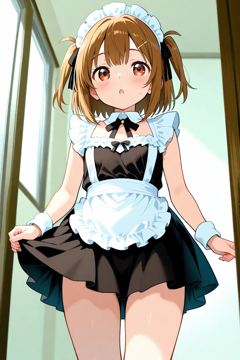 (yellow shirt, yellow skirt:1.2), highest quality,High resolution,perfect eyes,1 girl, alone, Mafuyu Hoshikawa, maid, maid headdress, waist apron, , short sleeve, white gloves, :d,((cum in pussy)),bottomless,nipple slip from waist apron,clothed,orgasm,(skirt lift),pussy,Cafe,(((topless))),nsfw,((bare breasts)),flat chest
