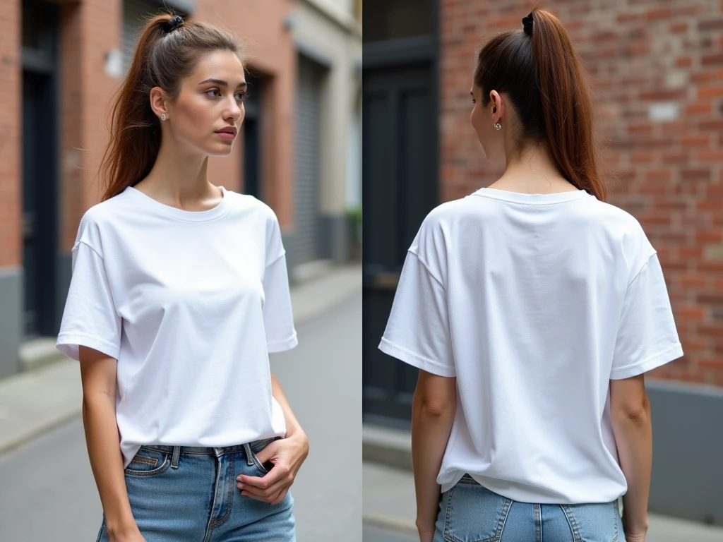 a white woman wearing jeans and black shirt brown hair ponytail