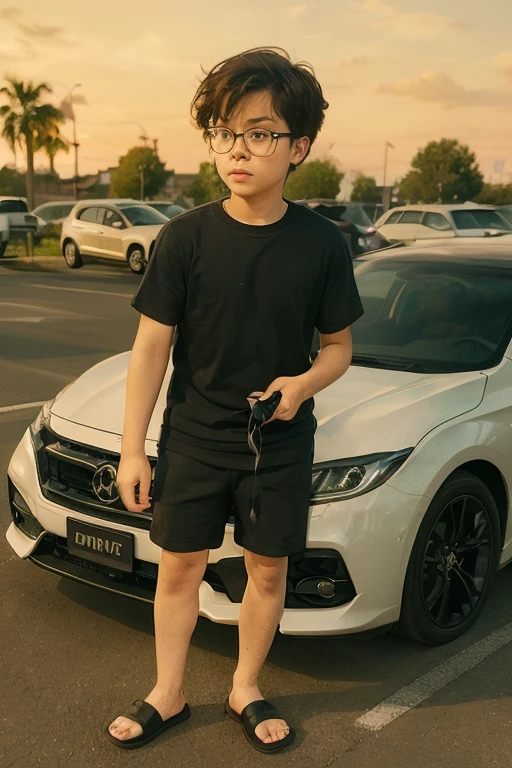 A poor young japanese boy looking a car