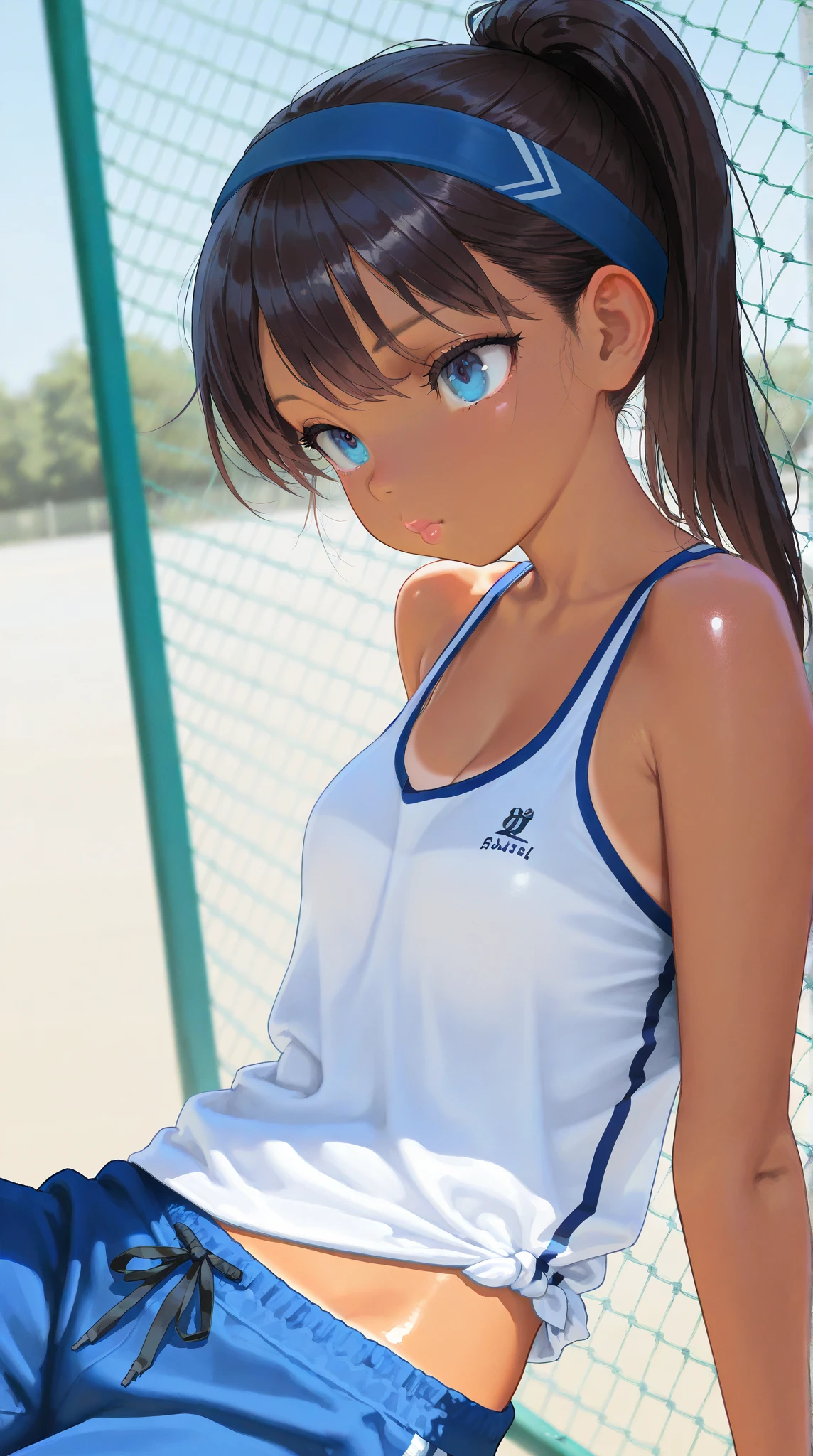 masterpiece, highest quality, One Girl, Thighs, beautiful girl, Small waist, Official Art, RAWphotograph,colorful、Bright lighting、Face Light, Ultra-realistic, High resolution, photograph, Sharp focus, Highly detailed eyes and face,Symmetrical face, whole body、Large Breasts、Long Hair、チラリと見えるThighs、Beautiful cleavage、smile、lipstick、ponytail、Lace tennis wear、whole body、Embarrassed、Lace mini skirt、White socks