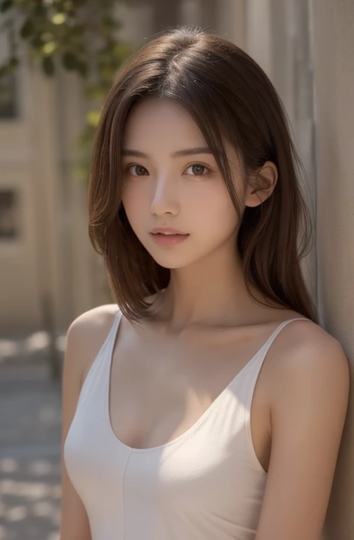 lens: 135mm f1.8, (Highest quality), (Beautiful 23 year old Japanese girl), (Moisturized lips), Narrow eyes, double eyelid, Delicate clavicle, Flat Chest ,Problem, (let me'let me'please look again), Embarrassing, smile, (Spotted sunlight: 1.2), Professional Lighting, (Dark blue sleeveless shirt), (Sunburned skin: 0.2), Full body photo, Full Body Focus, Beautifully upright