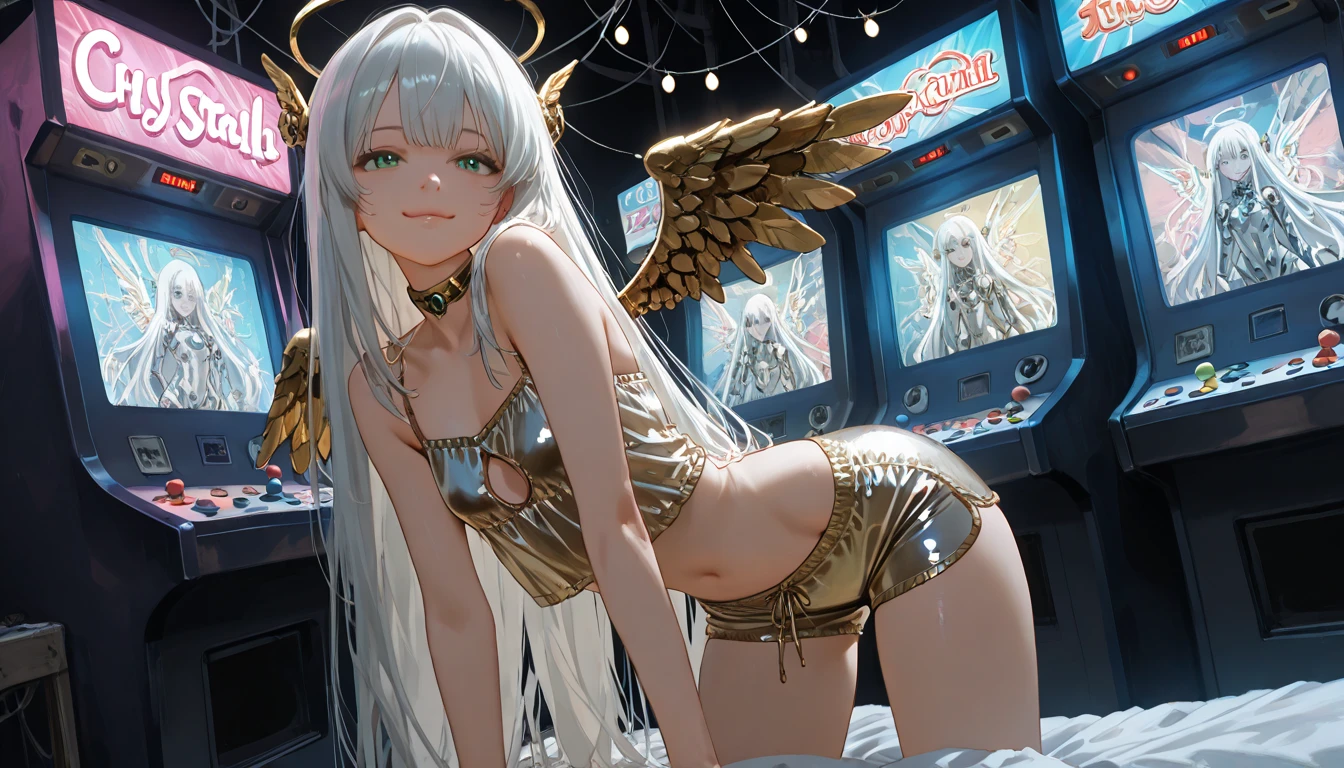a robotic angel (Based on a lovely woman, sheer white airy gown, obvious mechanical sections and joints, neon high lights and indicator lights, angel wings with rainbow colored feathers) is posing on a futuristic stage, the phone number to order her is printed along the bottom f the screen (show her from head to toe, show her entire body, show all of her)