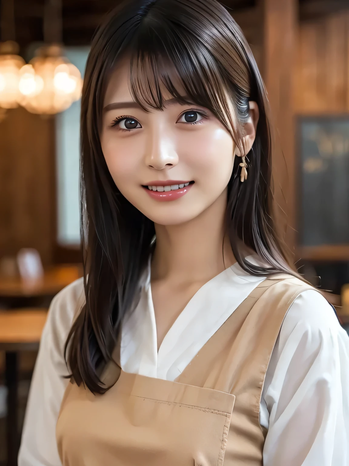 (best quality、table top to pinch、8k、best image quality、winning work)、Woman working at a cafe、The perfect brown apron、A classy shirt and apron、(highlight your body line:1.1)、portrait of a beautiful woman、 The most elegant and cozy cafe、The most natural cafe, Perfectly organized、Most Ambient Warm Lighting、 stylish and elegant cafe、 Strongly blurred background 、 look at me and laugh、super high resolution perfect and beautiful teeth、Ultra HD beautiful face、ultra HD hair、Ultra HD The Shining Eyes、The Shining, Super High Quality Beautiful Skin 、1 beautiful girl with super high quality glossy lips、Japanese idol、30 years old、Beautiful in every detail and meticulous eye、detailed face、beautiful skin、slender、slim waist around the eyes、thin legs、 Glamorous Hairstyles :1.3、cafe clerk 、smile:1.2、超A high resolution:1.5, (Photorealistic:1.4),masterpiece:1.2,(top-quality:1.4)、Raw photo、1a japanese girl、Cute、 (RAW photo:1.2), (photorealistic:1.4), beautiful detailed girl surrounded by thugs, very well detailed eyes and face