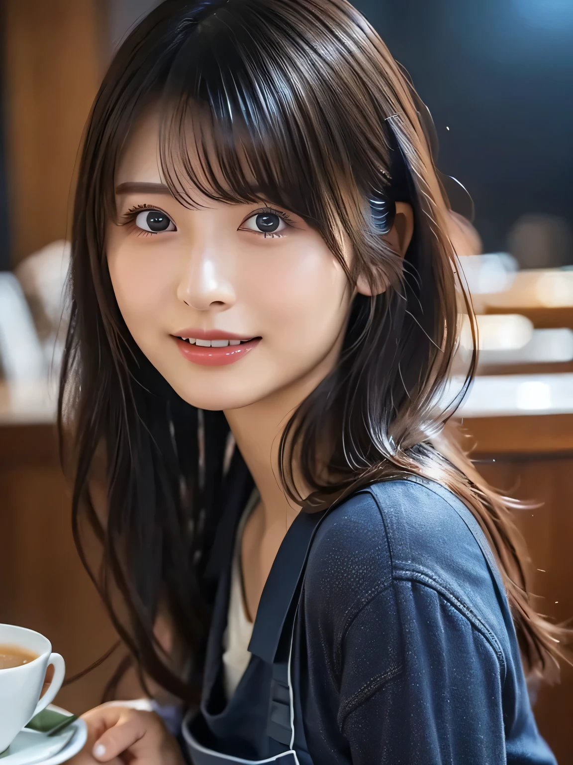 (best quality、table top to pinch、8k、best image quality、winning work)、Woman working at a cafe、The perfect brown apron、A classy shirt and apron、(highlight your body line:1.1)、portrait of a beautiful woman、 The most elegant and cozy cafe、The most natural cafe, Perfectly organized、Most Ambient Warm Lighting、 stylish and elegant cafe、 Strongly blurred background 、 look at me and laugh、super high resolution perfect and beautiful teeth、Ultra HD beautiful face、ultra HD hair、Ultra HD The Shining Eyes、The Shining, Super High Quality Beautiful Skin 、1 beautiful girl with super high quality glossy lips、Japanese idol、30 years old、Beautiful in every detail and meticulous eye、detailed face、beautiful skin、slender、slim waist around the eyes、thin legs、 Glamorous Hairstyles :1.3、cafe clerk 、smile:1.2、超A high resolution:1.5, (Photorealistic:1.4),masterpiece:1.2,(top-quality:1.4)、Raw photo、1a japanese girl、Cute、 (RAW photo:1.2), (photorealistic:1.4), beautiful detailed girl surrounded by thugs, very well detailed eyes and face