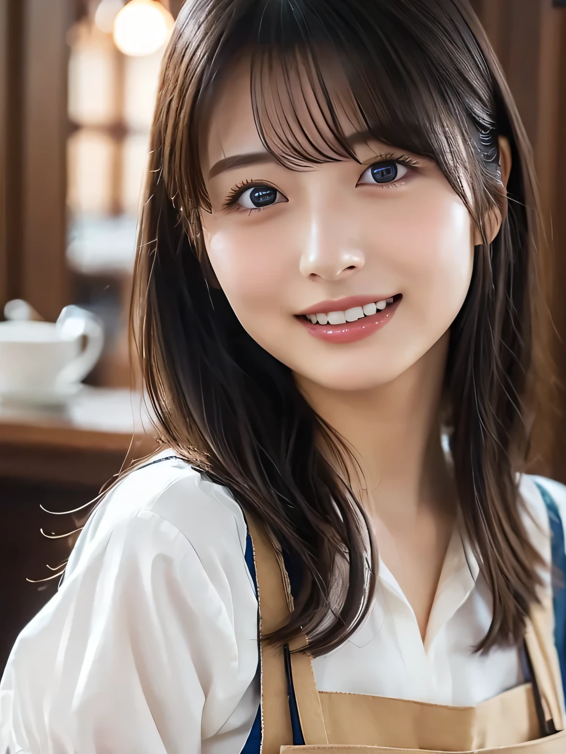 (best quality、table top to pinch、8k、best image quality、winning work)、Woman working at a cafe、The perfect brown apron、A classy shirt and apron、(highlight your body line:1.1)、portrait of a beautiful woman、 The most elegant and cozy cafe、The most natural cafe, Perfectly organized、Most Ambient Warm Lighting、 stylish and elegant cafe、 Strongly blurred background 、 look at me and laugh、super high resolution perfect and beautiful teeth、Ultra HD beautiful face、ultra HD hair、Ultra HD The Shining Eyes、The Shining, Super High Quality Beautiful Skin 、1 beautiful girl with super high quality glossy lips、Japanese idol、30 years old、Beautiful in every detail and meticulous eye、detailed face、beautiful skin、slender、slim waist around the eyes、thin legs、 Glamorous Hairstyles :1.3、cafe clerk 、smile:1.2、超A high resolution:1.5, (Photorealistic:1.4),masterpiece:1.2,(top-quality:1.4)、Raw photo、1a japanese girl、Cute、 (RAW photo:1.2), (photorealistic:1.4), beautiful detailed girl surrounded by thugs, very well detailed eyes and face