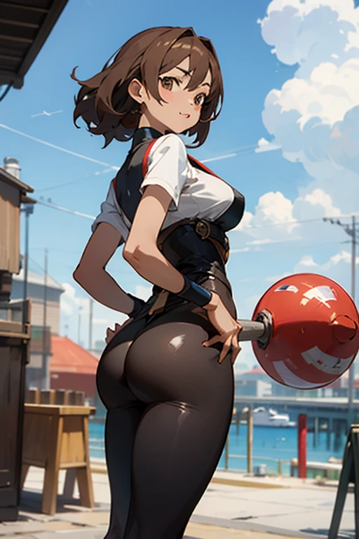 nsfw,(((masterpiece))), 1 girl, alone, looking at the viewer, short hair, brown hair, long sleeve, cleavage, closed mouth, clavicle, Orange Micro Bikini, ground vehicle, play sports often, bicycle,(sexual fluid overflowing)、(angle from behind:1.5)、bicycleにまたがっている、huge breasts、wide waist width、bending forward