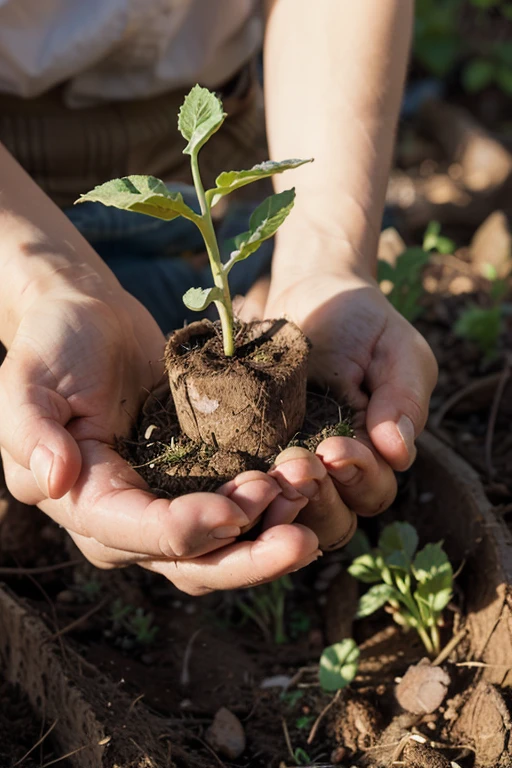 someone holding a small plant in their hands in the dirt, nitrogen-rich soil, permaculture, sustainability, organic growth, soil, gently caressing earth, ground-breaking, enviroment, gardening, the source of future growth, high quality image”, organic, environmental, earthy, organic matter, holding the earth, organics, detailed surroundings