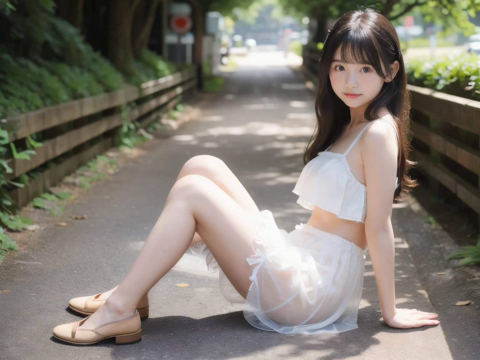(ultra realistic) , (illustration), (increase resolution), (8K), (extremely detailed), (best illustration), (beautiful detailed eyes), (best quality), (ultra-detailed), (masterpiece), (wallpaper), (detailed face), solo,1 girl, looking at viewers, black straight hair, delicate details, in the dark, deep shadow, low key, pureerosfaceace_v1, happy smile, summer dress, full body, garden