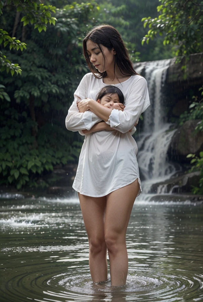 Illustrate a woman undergoing spiritual training by standing under a waterfall, her wet kimono clinging to her body and revealing her translucent skin. Most beautiful face and voluptuous body.Capture the serene and introspective atmosphere of the scene, with the woman's closed eyes and serene expression conveying her deep focus and dedication to her mental and physical discipline. Use a muted color palette to enhance the tranquility of the surroundings, with the waterfall cascading down from a rocky cliff and the surrounding foliage adding a sense of natural beauty and isolation. Pay attention to the details of the woman's wet kimono, with its intricate patterns and folds, as well as the gentle play of light and shadow on her skin. Depict the water droplets falling from her hair and the mist rising from the water, creating a sense of movement and energy in the image. Overall, create an image that represents the transformative power of nature and the inner strength of the woman undergoing her spiritual journey.