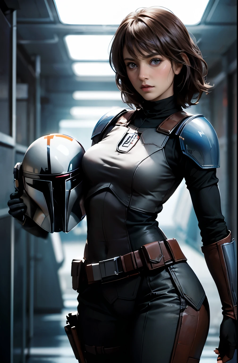 star wars world ,female mandalorian, , slender beauty ,holding helmet in right hand, ,Mandalorian armor ,Slimming, slender, Gentle Eyes, flows from my crotch