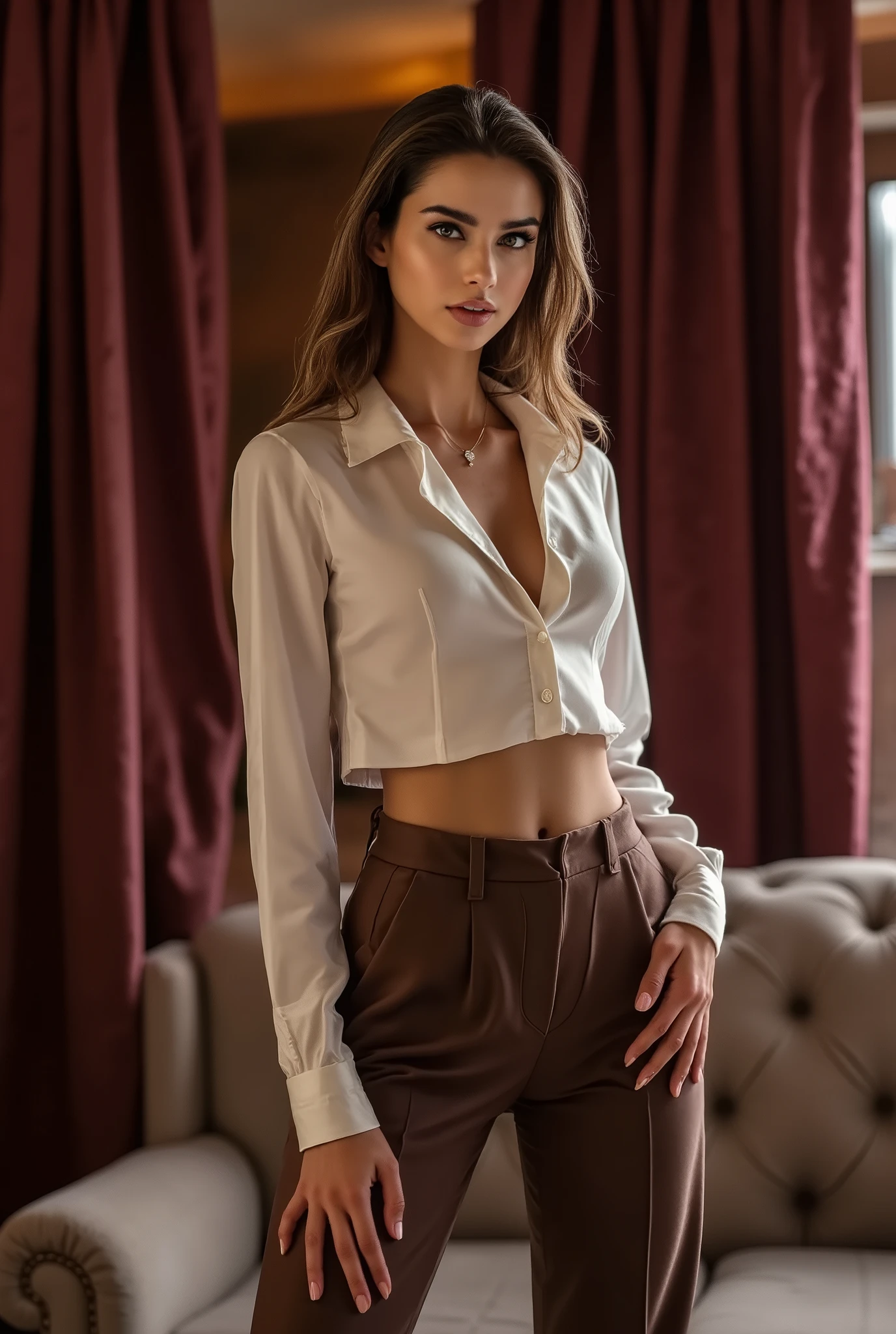 arafed woman wearing a Brown Victoria High Waisted Dress Pants Faux Leather 35 and a ivory Bianci Cropped Satin Shirt, she poses standing face-on in a private living room with very subdued lighting lit by the glow of the flaming seats which gives an erotic atmosphere, composed of luxurious burgundy velvet curtains in the background, a sofa luxurious and comfortable and realistic burgundy velvet chesterfield (luxurious and detailed velvet fabric),