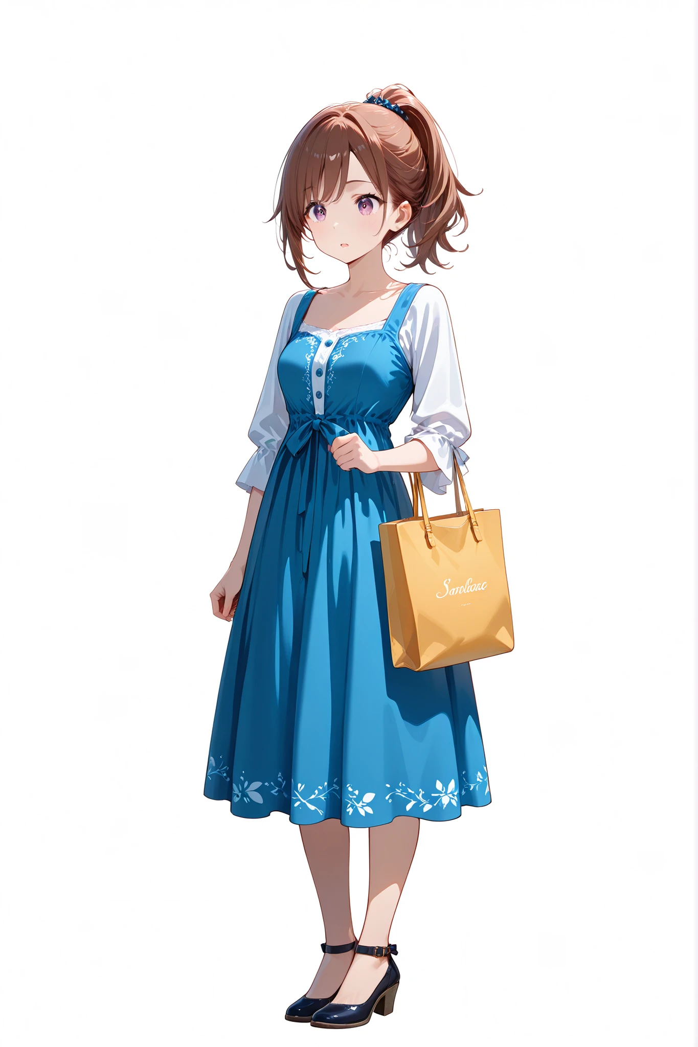 woman shopping with a tote bag, flat bust, ponytail, casual dress, neutral expression, full body, transparent background