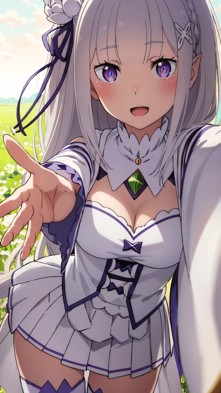 {{{masterpiece}}}, (best quality:1.5), (ultra-detailed:1.5), {illustration}, {{an extremely delicate and beautiful}}, (beautiful detailed eyes:1.6), absurdres, highres, extremely detailed face, 16k, hd, visual anime de uma jovem mulher, extremamente bonito rosto de anime, anime melhor garota, (perfect hands, perfect anatomy), anime face, Emilia(Re:Zero), phemilia, 1girl, solo, cute face, long hair, white hair, low-tied long hair, braid, very long hair, x hair ornament, white rose, tiara, flushed cheeks, purple eyes, elf, big breasts, big hips, curvaceous, BREAK, (white dress:1.3), white tailcoat, chest, cleavage, detached sleeves, frills, frilled sleeves, long sleeves, white sleeves, (wide sleeves:1.2), gem, white skirt, pleated skirt, (miniskirt:1.3), white apron, white thighhighs, thigh boots, thighs, zettai ryouiki, BREAK, INCOMING HUG, INCOMING KISS, open hand, beckoning, reaching, blush, sorriso alegre, open mouth, visual anime de uma jovem mulher, extremamente bonito rosto de anime, anime melhor garota, sorriso astuto, outdoor, sky, daytime, forest, field, medium close-up shot