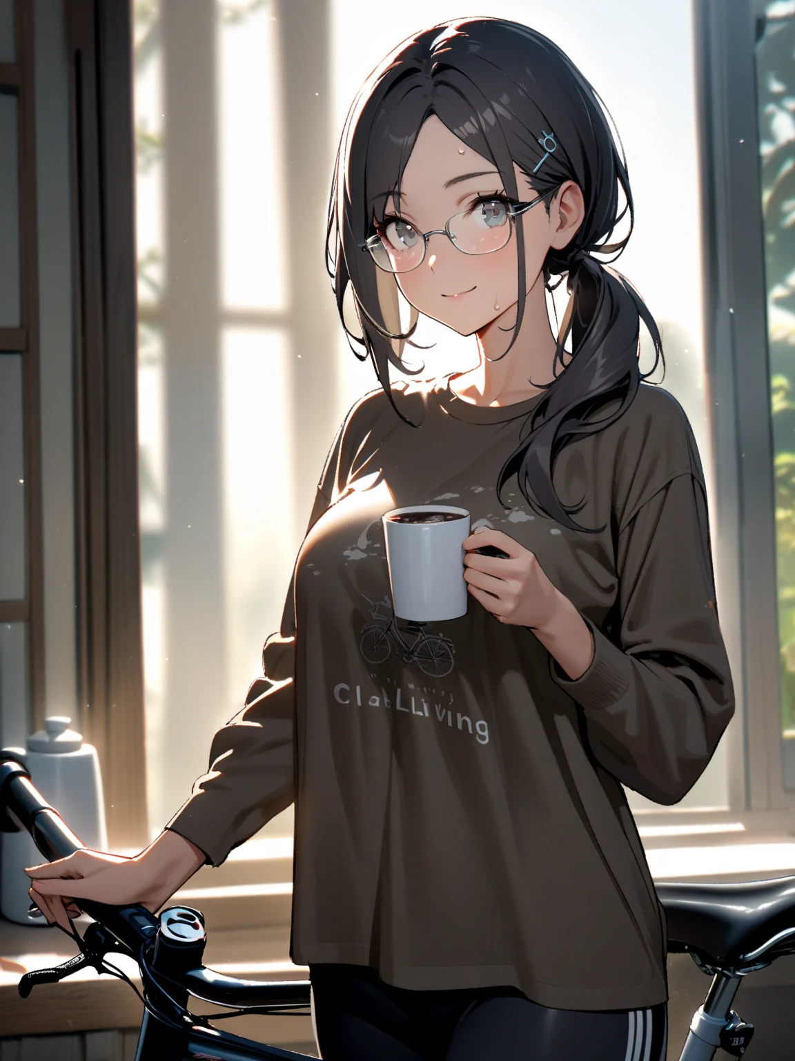 (solo bob brown hair short hair cute woman, lovely green eyes, glasses, cute mouth, blushing, soft smile, 32 yo, Medium tits), (in a Simple shirt, hot pants), (hand holding a coffee cup), BREAK, (in the beautiful morning, Living room from window), perfect anatomy, masterpiece, best quality, 16k, beautiful detailed grow, daydreaming expression.