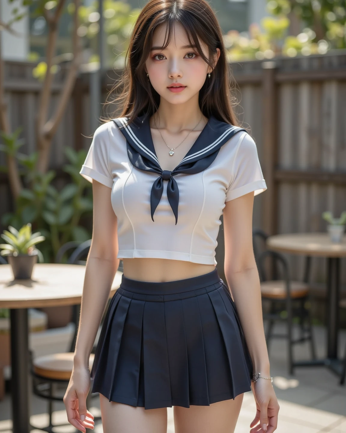 neat college girl, (school uniform, sailor uniform, ribbon tied at chest, summer clothes, upper body white, skirt dark blue, short sleeves), outside the athletic field, (slim), photorealistic, detail, skin texture, ultra detail, delicate and sexy collarbone, smile, super detailed face, detailed lips, detailed eyes, double eyelids, small breasts, small breasts, small, flat breasts, breast emphasis