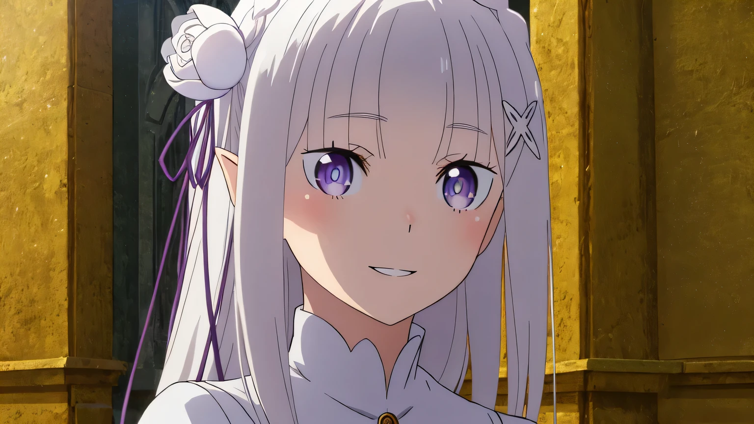 {{{masterpiece}}}, (best quality:1.5), (ultra-detailed:1.5), {illustration}, {{an extremely delicate and beautiful}}, (beautiful detailed eyes:1.6), absurdres, highres, extremely detailed face, 16k, hd, visual anime de uma jovem mulher, extremamente bonito rosto de anime, anime melhor garota, (perfect hands, perfect anatomy), anime face, Emilia(Re:Zero), phemilia, 1girl, solo, cute face, long hair, white hair, low-tied long hair, braid, very long hair, x hair ornament, white rose, tiara, flushed cheeks, purple eyes, elf, big breasts, BREAK, (white dress:1.3), white tailcoat, chest, cleavage, detached sleeves, frills, frilled sleeves, long sleeves, white sleeves, (wide sleeves:1.2), BREAK, smiling, flushed cheeks, (portrait:1.5), outdoor, Medieval Europe, daytime, building, (cute gestures:1.2), medium close-up shot