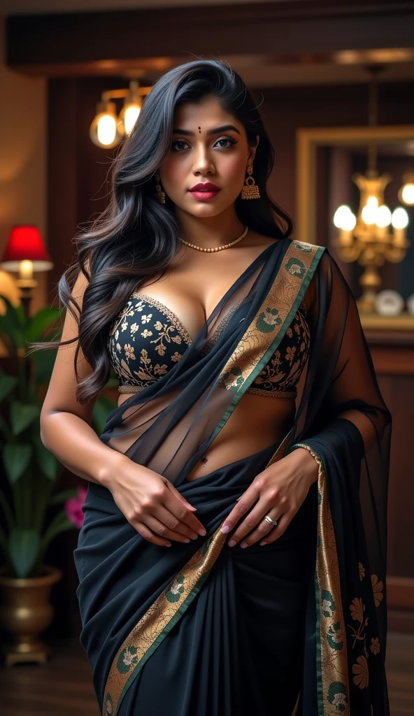 Wavy brown hair,Indian, (RAW photo, realism: 1.8), (very dark lip gloss, jet Lime lipstick, many eyelashes, dark Lime eye shadow, shy, blushing, high quality, high resolution, depth of field, chromatic aberration, caustic, wide light, natural colors, 33 year old woman), necklaces, chokers, earrings, bracelets, wear many accessories, wearing sexy Indian multi colour black see through saree with gold waist chain, yellow color dress,  soft skin, light wheatish skin, slim nose, beautiful eyes, cleavage .The Casual Hip Stance poses, 8k results, high resolution, realistic, charming smile, perfect 36-26-36 figure,full body portrait, sexy look, seductively standing, black bindi