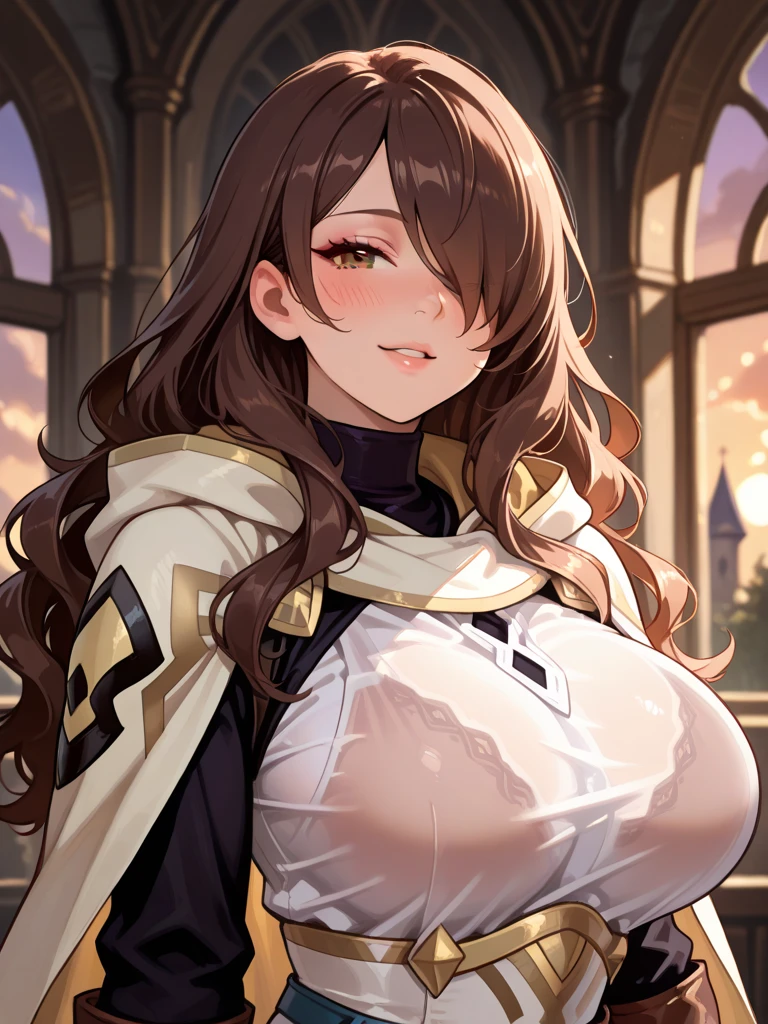 masterpiece, best quality, high quality, detailed, ultra detailed, hyper detailed, insanely detailed, exquisite, beautiful, FHD, Full-HD, 4K, 8K, highres, absurdres, woman, cheerful, cheerful grin, ((lying down)), looking at viewer, very long hair, brown hair, black eyes, tall, beautiful breasts, leggy, toned body, school uniform, undone clothing, off shoulder, blush, Happy Scene, in the room, in the bedroom, in the evening, cel anime, upper body, headshot, from front, front view, golden hour