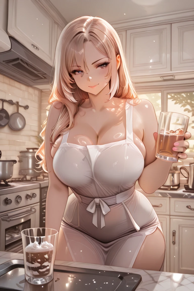 1girl, adult woman, (Naked: 1.4), (Blushing:1.4),(camisola aberta, completely naked, fully naked, appron naked, sideboobs), Smile, Cowboy Shot, ((A coffee Cup)), Full Body, background: kitchen