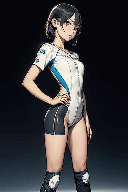 (8k, 4k, Masterpiece, Ultra quality, Ultra detail, HDR, Brighter colors), (1girl, cat ears, Kiryuu Kikyou (Blue Archive), pale skin, Black eyeliner, Black hair, short bobcut, bangs, breasts, (Sporty-swimsuit, thigh highs), plain background, standing