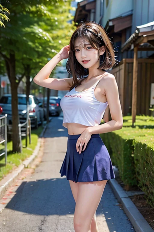 Full body of beautiful korean female, 34 inch breasts size, wearing crop tank top, and short skirt, in the night city, moon light, bokeh background, UHD