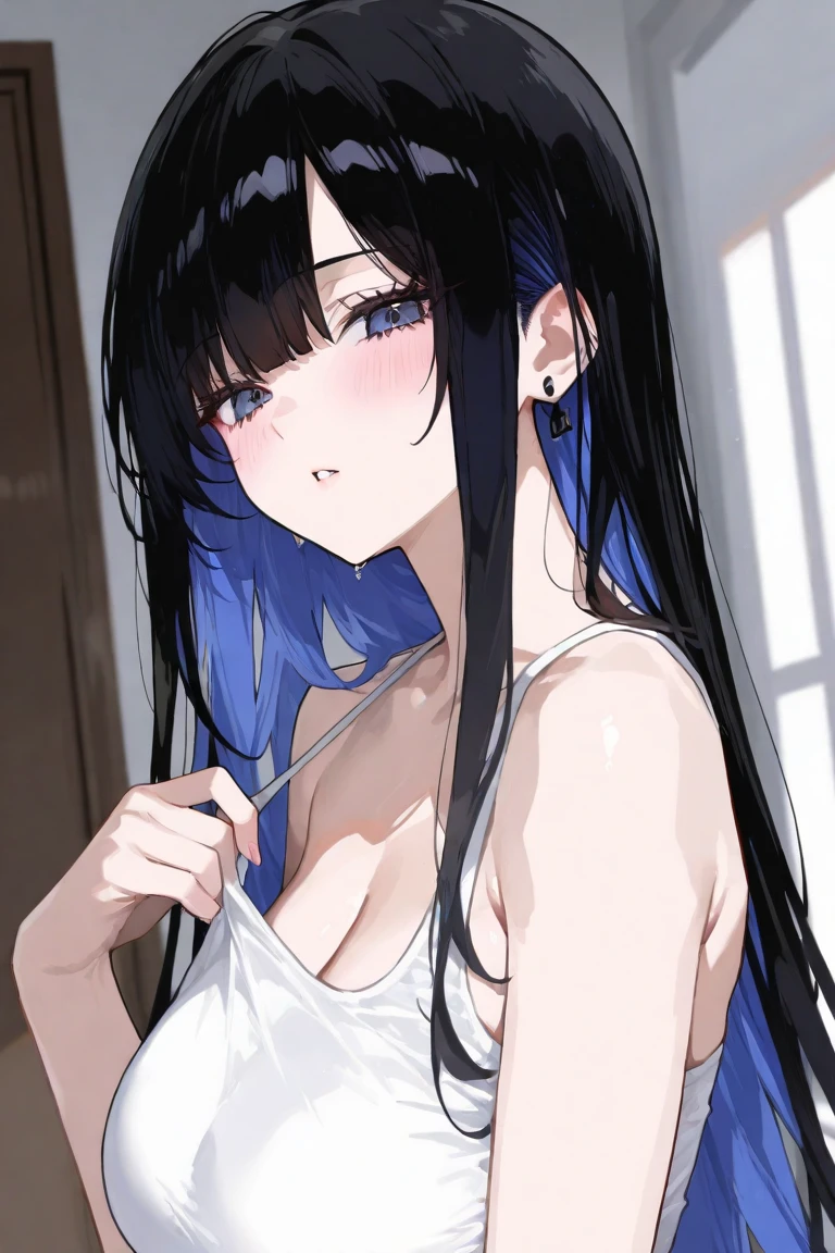 1 girl, young seductive female, white camisole, large breast, dark room, moaning, long black hair, blue eyes, cat ears.
