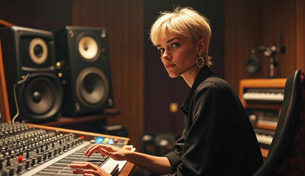 Woman, 20 Years Old, Nordic Ethnicity, short blue hair with a perfect face and light freckles, Blue-Green Eyes, sitting at a sleek, modern music studio setup late at night. She is wearing a stylish, slightly revealing outfit, a cup of coffee on the desk beside her. The lighting is dim and moody, with soft blue and purple neon lights casting gentle shadows, creating an intimate atmosphere. The scene captures her deeply focused on the music, with her fingers lightly resting on a keyboard, surrounded by studio equipment. The background shows a large monitor displaying music production software, with soft light emanating from the screen. The overall mood is creative, intimate, and immersive. ((Color palette - turquoise, neoen green, neon pink))
