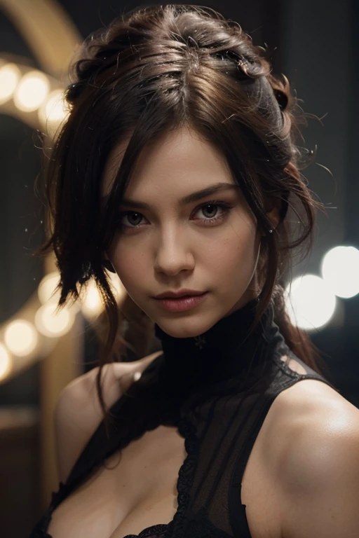 Portrait of a enigmatic woman with bird eyes and dark red lips wearing little top, standing in a dimly lit room, with a single beam of bright sunlight illuminating their face, black outfit with subtle white accents in a blurry dark background.