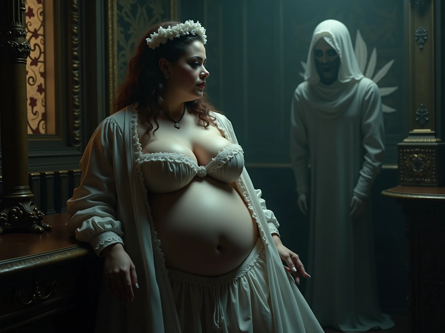 A orange haired woman with large breasts and wide hips being possessed by a male ghost. 