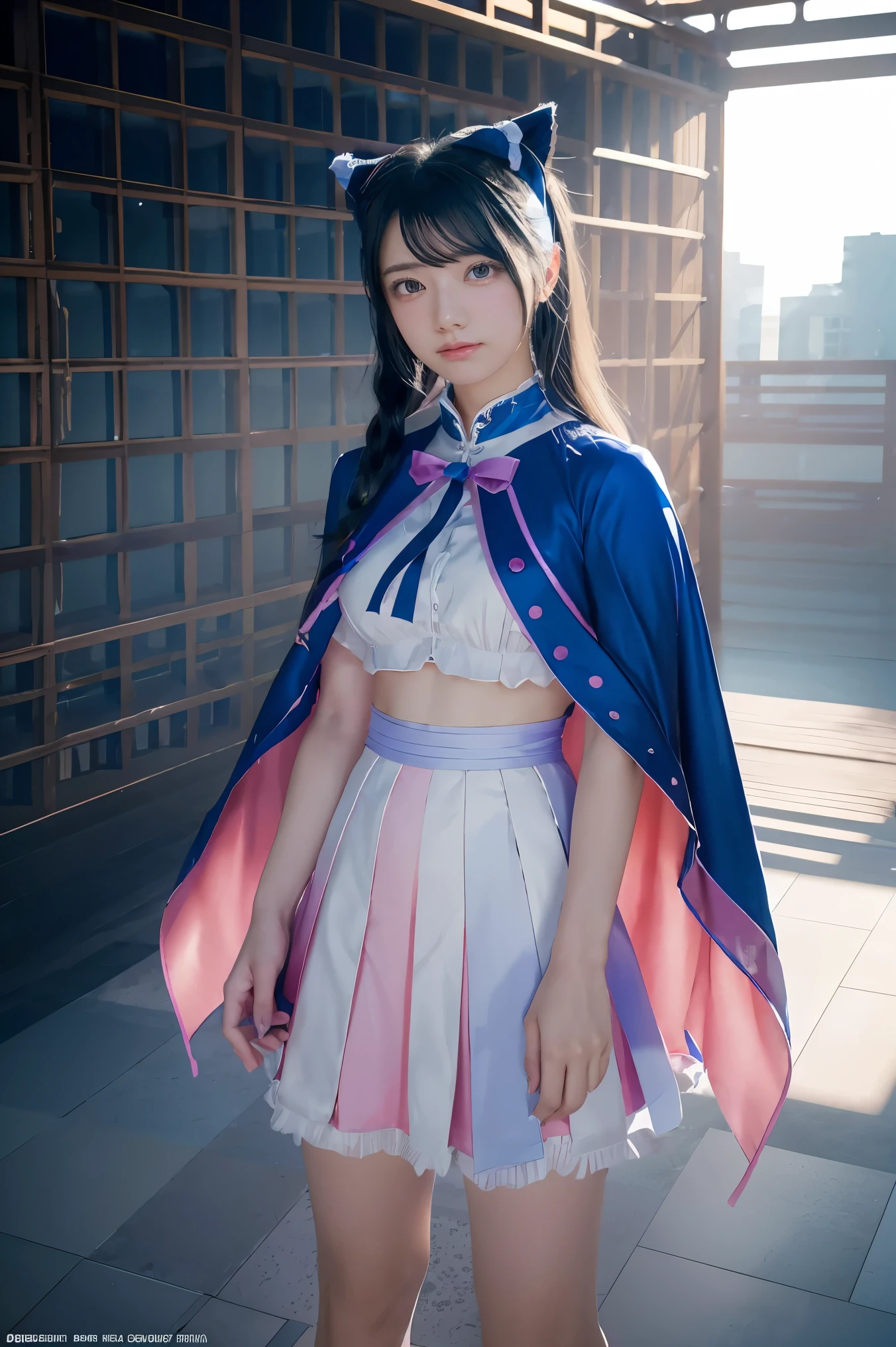 Mioda Ibuki /(Danganronpa/), bank ultra-detailed, masterpiece, illustration, 8k, masterpiece, realistic shadows, wind, gradient, volumetric lighting, cute, ambient lighting, colorful, glowing particles, beautiful detailed eyes 1girl, solo,  (original outfit), dungeon background, blue and pink mage outfit, cloak, magic, fantasy