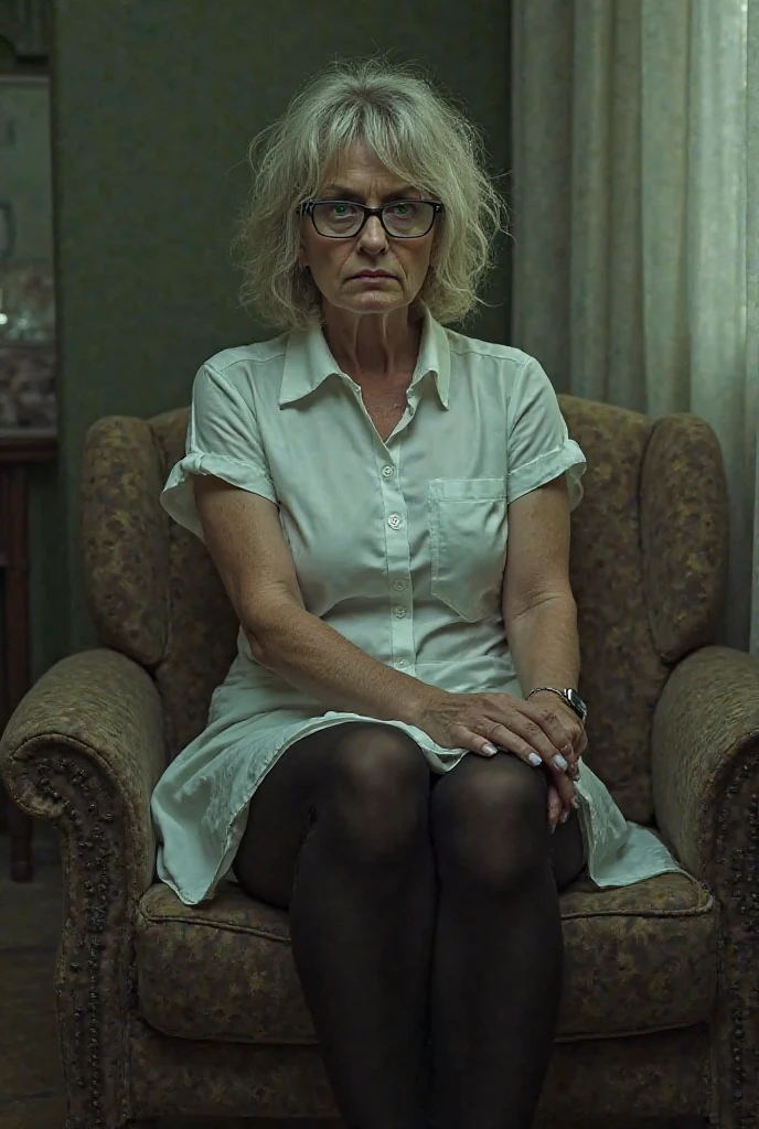 Ugly old woman wearing a satin shirt with a black leather skirt and thigh high boots. She is on her knees with her hands behind her back in her room at the foot of the bed.