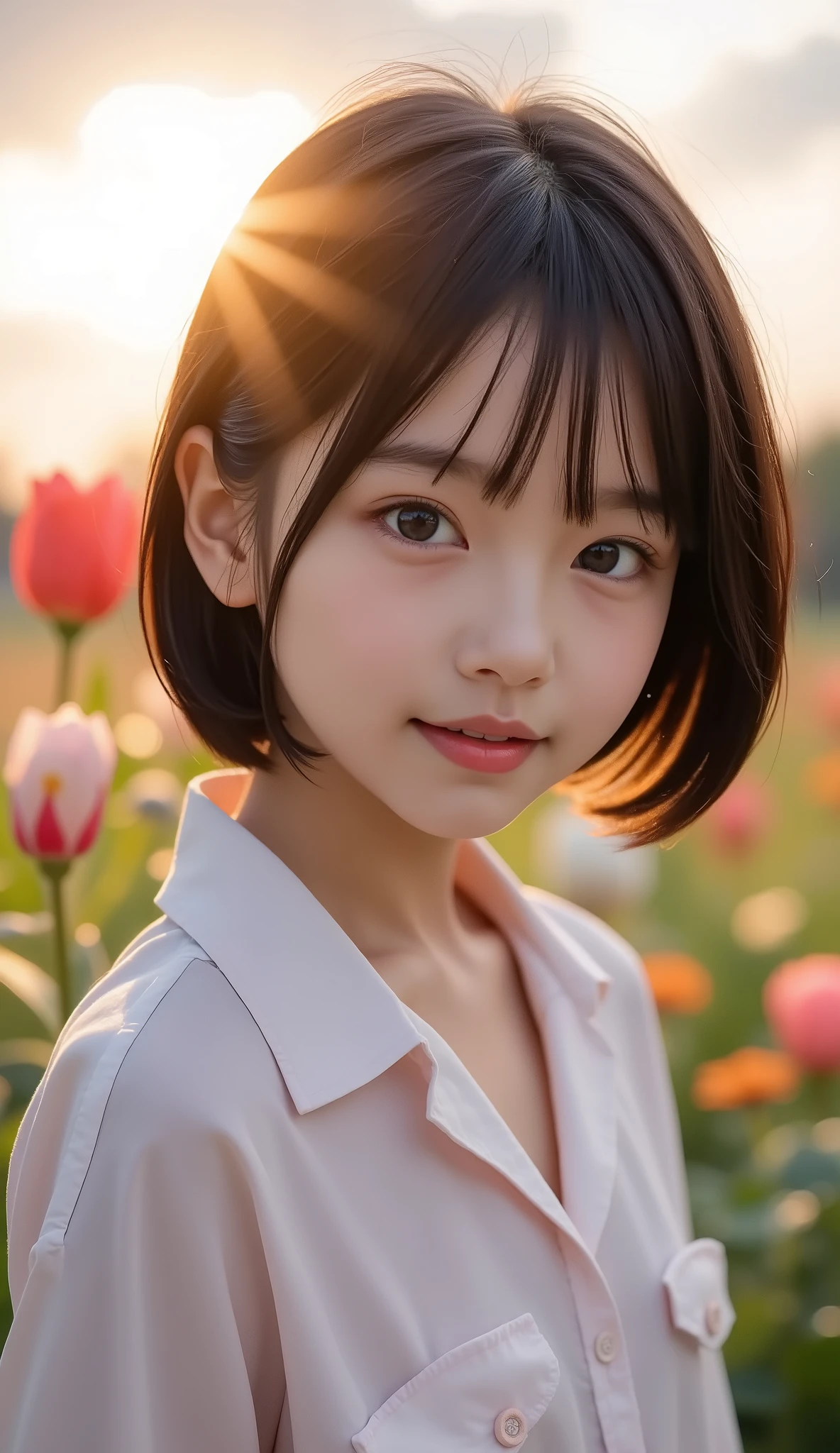 (8k), (best quality), (realistic), (photorealistic:1.5), very detailed with bubbles, cute japanese girl, (very young girl), no makeup, wind, ((short hair)), beautiful hair, Slim arms,delicate body, ((thin body:1.6)), black hair, wind, Sunset sky, Orange Clouds, garden , lots of flowers , oversized soft shirt, Unbutton your shirt and take it off, show me pink lace underwear, Show Your Shoulders, There is a flower near my face, Proximity, High Detail, is extremely fine,