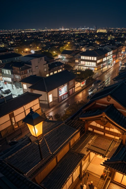 A mysterious Japanese city at night, illuminated only by a pale full moon. Viewed from a high, top-down angle as if floating above the rooftops, the entire paper city stretches out below. Clearly crafted paper dolls (washi ningyo) stand in stillness throughout the streets — their bodies delicately folded from washi paper, their limbs jointed with tiny visible hinges, and faces painted with traditional ink expressions. Some wear miniature kimono, others are folded in origami armor. The buildings around them are also made of paper, glowing softly under moonlight. Lanterns sway gently, casting crisp shadows that mimic puppet movements. Cherry blossom petals fall slowly in reverse, and the entire scene feels suspended in quiet time. The atmosphere is surreal, nostalgic, and poetic — a forgotten paper city where lifeless dolls seem on the verge of awakening.
--v 5 --ar 4:5 --style cinematic --lighting moonlit --quality ultra --mood surreal, mysterious, quietly eerie