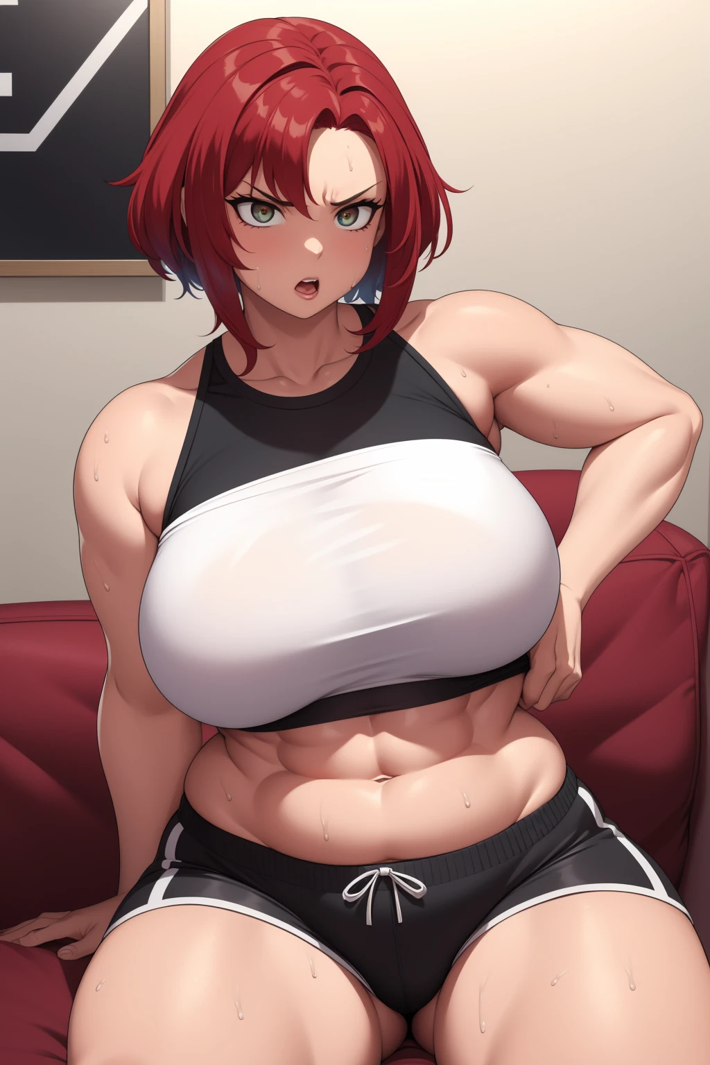 Code Geass, Kallen Stadfeldt 1girl, (((bimbo))), short red hair, puffy lips, red eyes, painted lips, thick lips, wide hips, thick thighs, big breast, huge ass, revealing cleavage, erotic, Smile face, bubble butt, camel toe, Breasts, blue jeans, Black bra, big ass, thong, ((bubble butt)), buttcrack, (((((huge muscles)))))