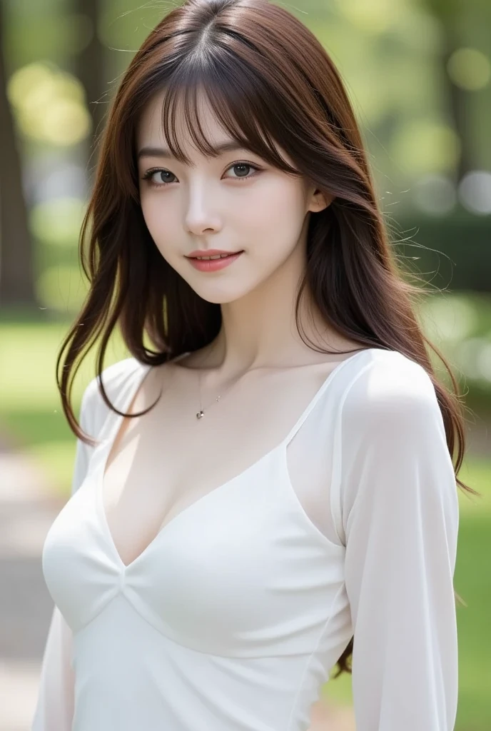 seed:381696201,((from above:1.2))、((Highest quality, 8k, masterpiece: 1.3)), concentrated: 1.2, Cute girl 1,Nipples erect、 Perfect beauty: 1.4,one piece、Randall Color:1.1, Highly detailed face and skin textures, Fine grain, double eyelid, whitening skin, ,Highest quality,Ultra-high resolution,you,1 girl,alone,_Shiny_skin,Iris,necklace,((brown_length_Wavy_hair)),(lips)),eyelash,Front hair,deal with,compensate,Shiny,pore,skin texture,Large Breasts、smiling face、Walking in the park、