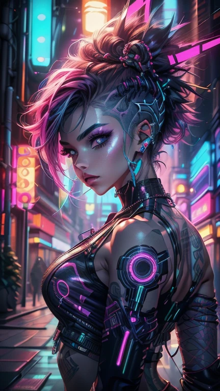 Mulher, cyberpunk, neon, cyber hair, olhos brilhantes, maquiagem futurista, roupa high-tech, holographic tattoos, cidade noturna, chuva, rua movimentada, glowing neon, atmosfera urbana.