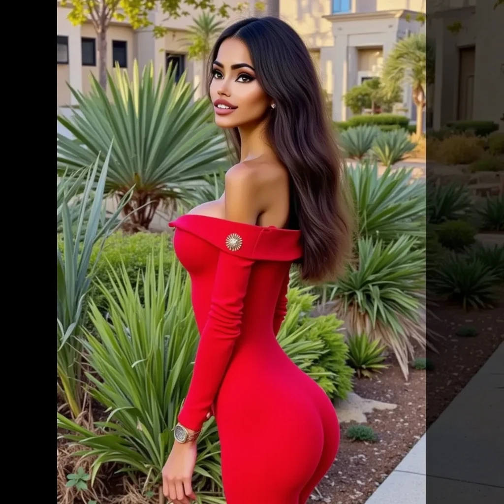 a woman posing for a picture, arabic goddess, traditional beauty, arabic, beautiful goddess, middle eastern girl, arabic super model, beautiful, gorgeous woman, middle eastern with long, sweet shy arabic, gorgeous beautiful woman, Arabian aesthetic, beautiful middle eastern girl, extremely detailed goddess shot, jaw-dropping beauty, big boobs deep cleavage, wearing long red dress, with desert behind her, very sweet look, charming girl, simple tight dress, tight pink maxi dress