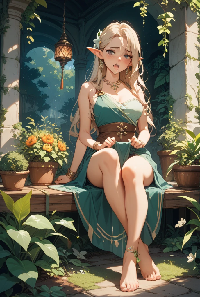 ((Medieval fantasy setting)). score_9, score_8_up, score_7_up, score_6_up. Echo is a 2 half-elf. She has light brown skin. Thick light chestnut hair with caramel highlights and soft waves. Brown eyes with green hues. Her beautiful face is oval with soft features and pronounced cheekbones. She has full and attractive lips with a natural blush. A slight scar over her right eyebrow. Her ears are small like a human's but pointed like an elf's. Her physique is athletic and slim, she toned and flexible. She has a round and elastic body shapes. Secret Masturbation: 1 elf girl masturbates at a public holiday in broad daylight. Background: Fair, broad daylight. The people behind Echo are busy with their own affairs. The stage is in a remote part of the fair. Clothing: A white-transparent light sundress worn over a naked body without underwear. Thin straps, open shoulders. With loose hair. Her nipples are firm, clearly protruding through the thin fabric. Pose: Echo stands with her back to the crowd, one hand lifting her dress, exposing her thighs. The other hand she uses to masturbate. Her face is slightly turned, an excited smile plays on her lips, her eyes are half-closed. Camera: Front-bottom, angled to show details of the process. Tags: (secret masturbation, standing, orgasm, spied-on, covered nipples, penetration, vaginal insertion, intense masturbation, deep insertion, creamy discharge, (Medieval))