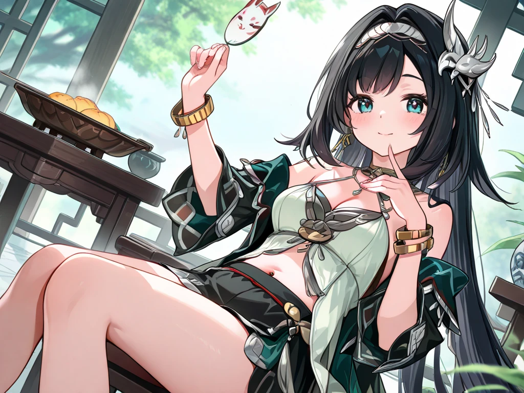 (masterpiece),(highest quality),highres,(an extremely delicate and beautiful),(extremely detailed),<lora:å¤©ä½¿éä¸´å°æèº«è¾¹_xl_v1-000012:0.9>,fantasy,house,
<lora:sparkle:1>,sparkle \(honkai: star rail\),1girl,solo,fox mask,mask,japanese clothes,smile,mask on head,mole,hair ornament,mole under eye,small breasts,choker,bare shoulders,kimono,blush,eating,holding,holding food,looking at viewer,mouth hold,sitting,solo,