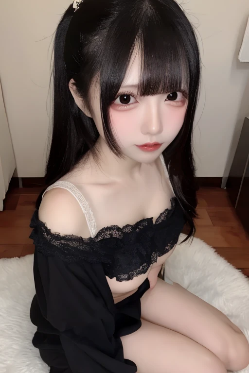 Best image quality、RAW photos、Ultra-high resolution、8K, best quality, masterpiece, Photo-real, sweet, Medium breasts, Pink ta costume, Black lace, Alice Gainsborough, sit, underwear, Expose bare shoulders, , , snow, cloak, high quality, Adobe Lightroom, High Detail Skin,